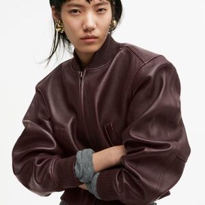 H&M STUDIO S/S2026 LEATHER BURGUNDY BOMBER